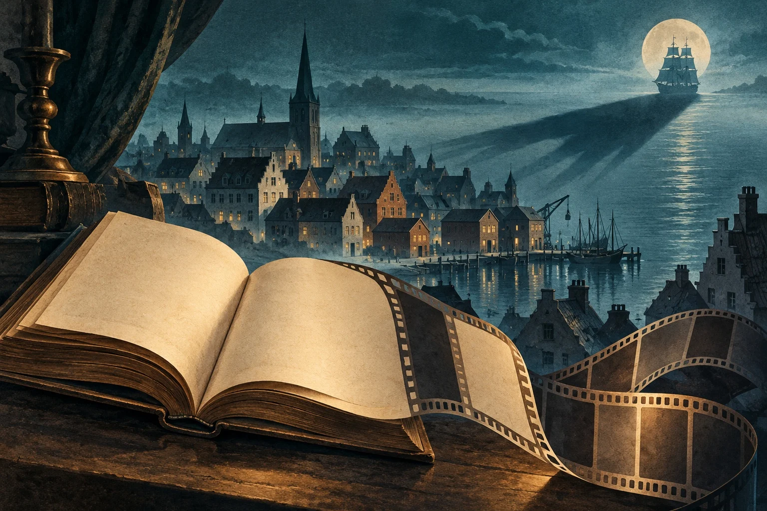 Открытая книга, киноплёнка и портовый город — иллюстрация к истории экранизации